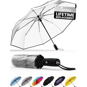 imageREPEL Windproof Travel Umbrella  Compact ampamp Withstands Winds up to 85MPH  Strongest Premium Auto Folding Umbrella for Rain and Sun  Durable Light ampamp Portable for Women ampamp Men  Fits Backpack ampamp CarsClear Top